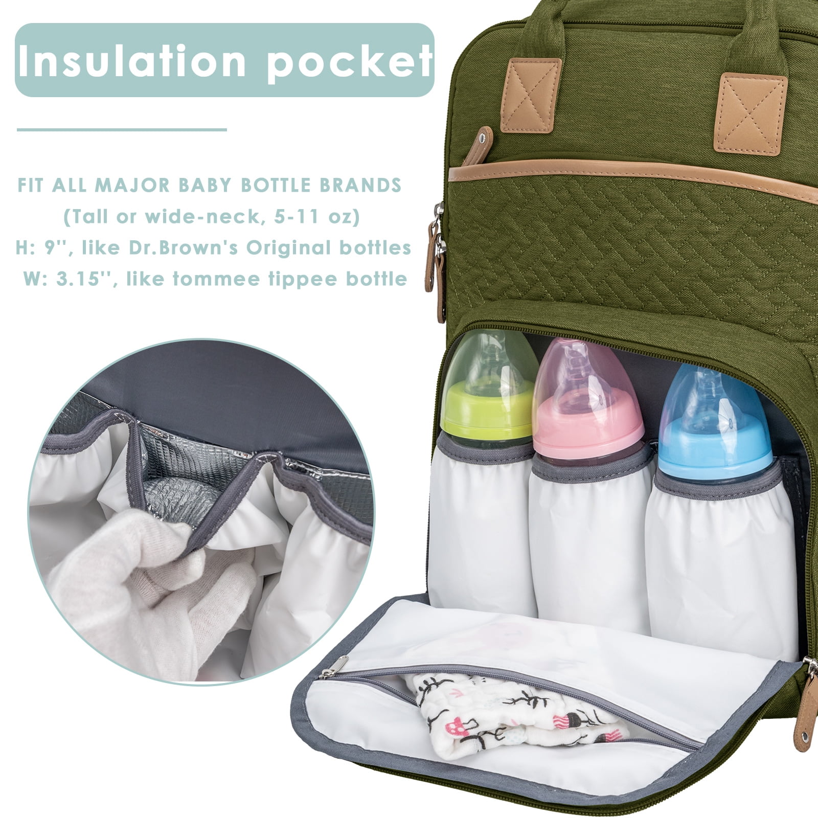 Kabaqoo Diaper Bag Backpack with Insulated Milk Bottle Pocket, Large Baby Diaper Bag for Travel, Green