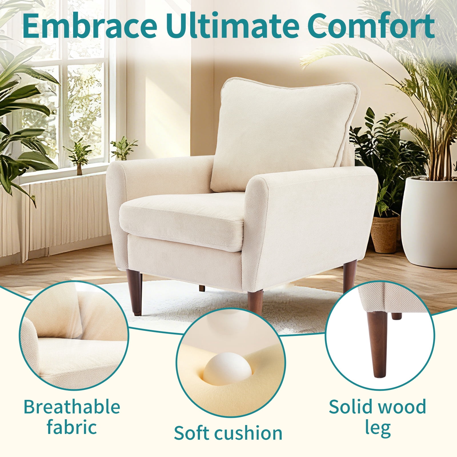 Gianna Fabric Accent Chair with Supportive Backrest and Armrests, Modern Comfortable Chair for Living Room, Bedroom, or Office