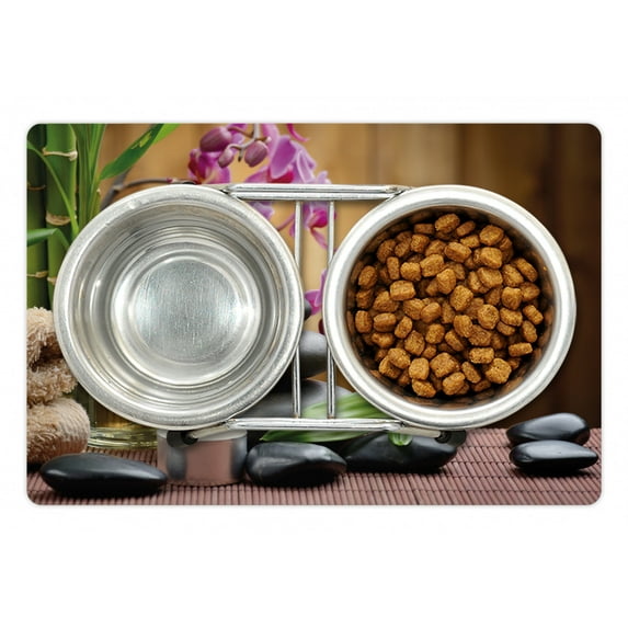 Spa Pet Mat for Food and Water, Warm Welcoming Spa Reception Big Healing Stones Candles Scent Flowers Print, Non-Slip Rubber Mat for Dogs and Cats, 18" X 12", by Ambesonne