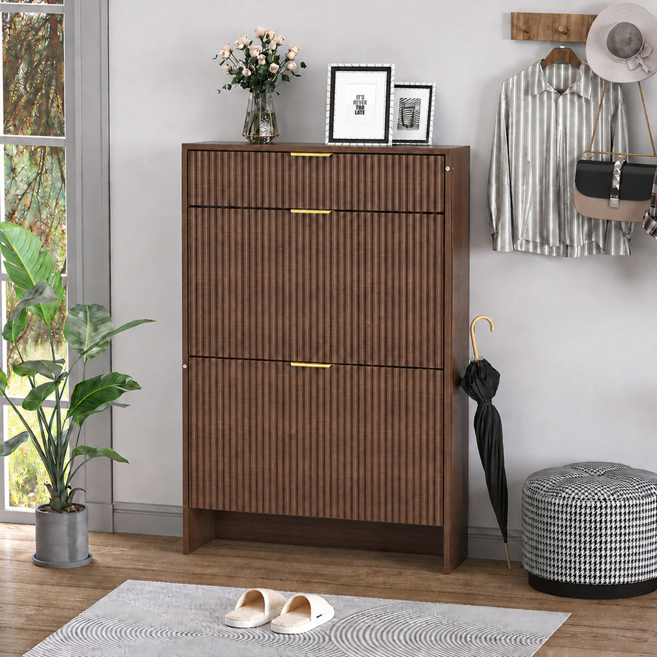 GDF Studio Solus Narrow Fluted Shoe Storage Cabinet with Gold Pull Handles, Modern Slim Hallway Organizer, Walnut