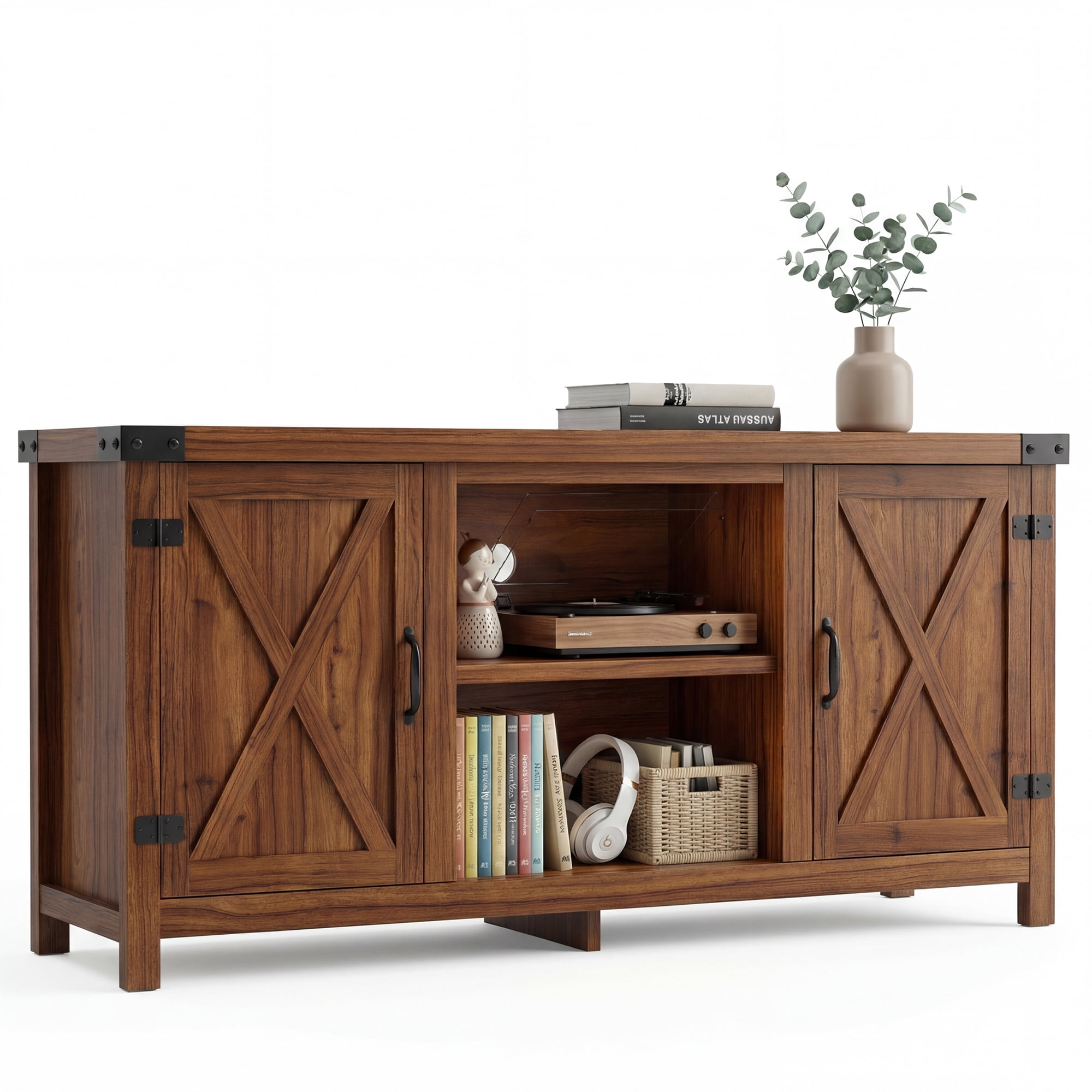 Vineego TV Stand for 65 Inch TVs, Farmhouse Storage Cabinet with Sliding Doors and Cord Management, Rustic Brown