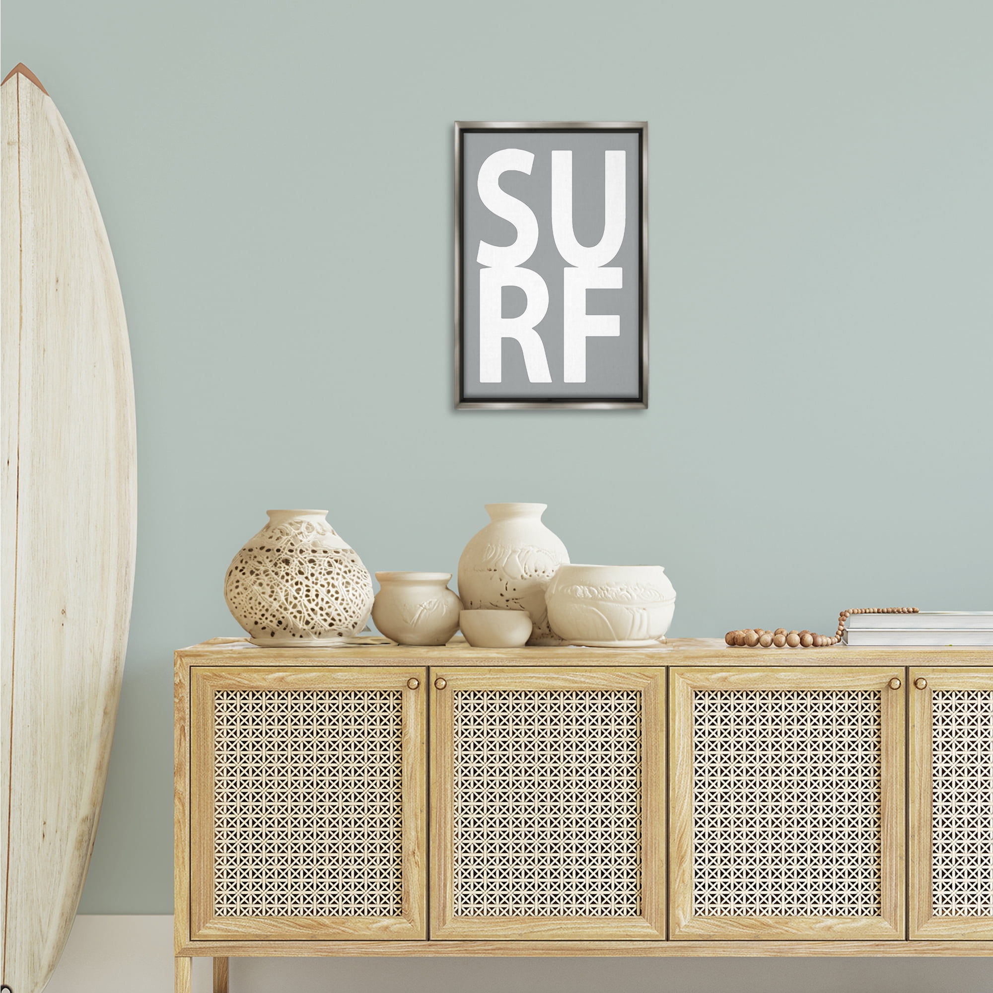 Stupell Industries Surf Word on Grey Typography Painting Gray Floater Framed Art Print Wall Art, 17 x 25