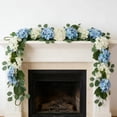 thumbnail image 2 of 6FT Spring Summer Flower Garland for Mantle,Blue White Hydrangeas Floral Garland with Eucalyptus Leaves White Arch Flower Vine for Home Table Centrepiece Stairs Wedding Party Decorations,1PC, 2 of 6