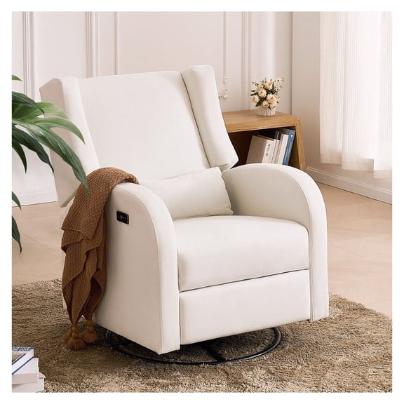 Electronic Power Recliner and Swivel Glider, 250 lbs Weight Capacity Swivel Glider Recliner Chair with USB Port, Polyester Surface Swivel Rocker Recliner for Living Room, Bedroom, Off White