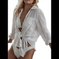 thumbnail image 1 of Blusa Playera de Larga para Mujer, para Cubrirse el Traje de Baño, Cuello Abotonado, Color , Talla Única, 1 of 7