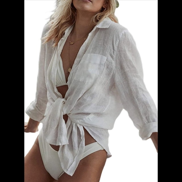 Blusa Playera de Larga para Mujer, para Cubrirse el Traje de Baño, Cuello Abotonado, Color , Talla Única