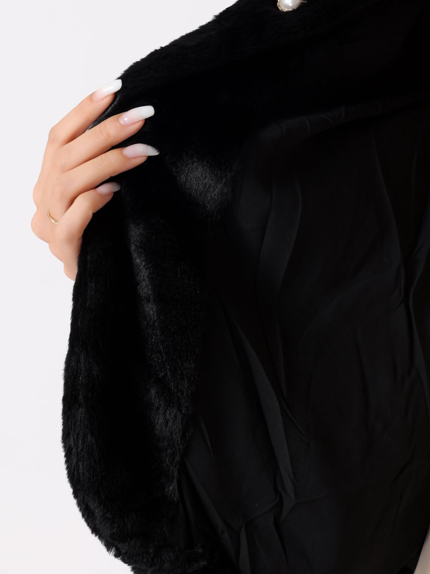 DARING DIVA Women's Winter Faux Fur Coat Jacket Long Sleeve Pockets Pearl Button XS Black