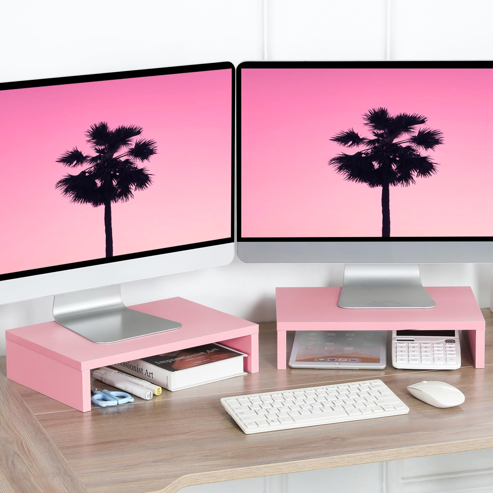 Pink Monitor Stand Riser-2 Pack Wood 2 Tier Adjustable Dual Riser For 2 Monitors/laptop/pc Computer Desk