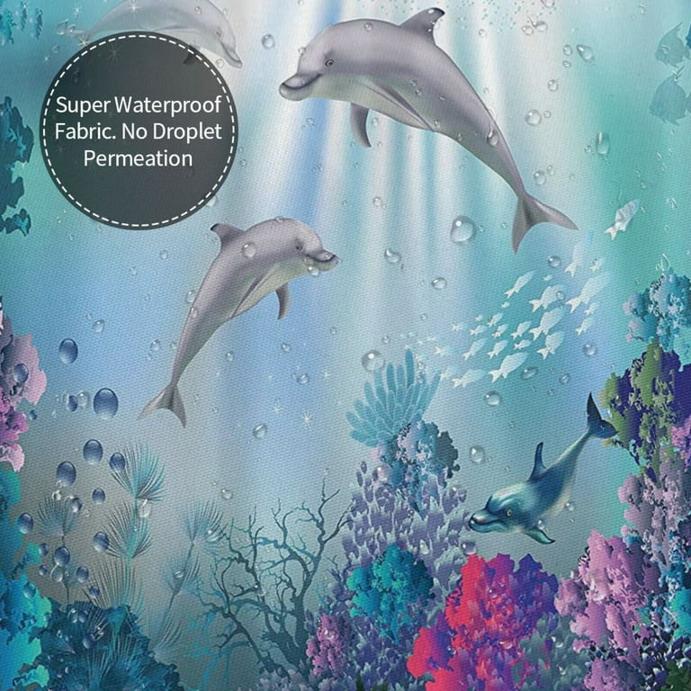 Dolphin Shower Curtain Underwater Algaes Coral Reefs Sunbeam Tropical Fish Marine  Wildlife Ocean Animal Seabed Bathroom Decor 