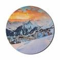 thumbnail image 1 of Winter Mouse Pad for Computers, Majestic Winter Seasonal Scenery over High Mountain Peaks with Dusk Color Sky, Round Non-Slip Thick Rubber Modern Gaming Mousepad, 8" Round, Orange White, by Ambesonne, 1 of 2