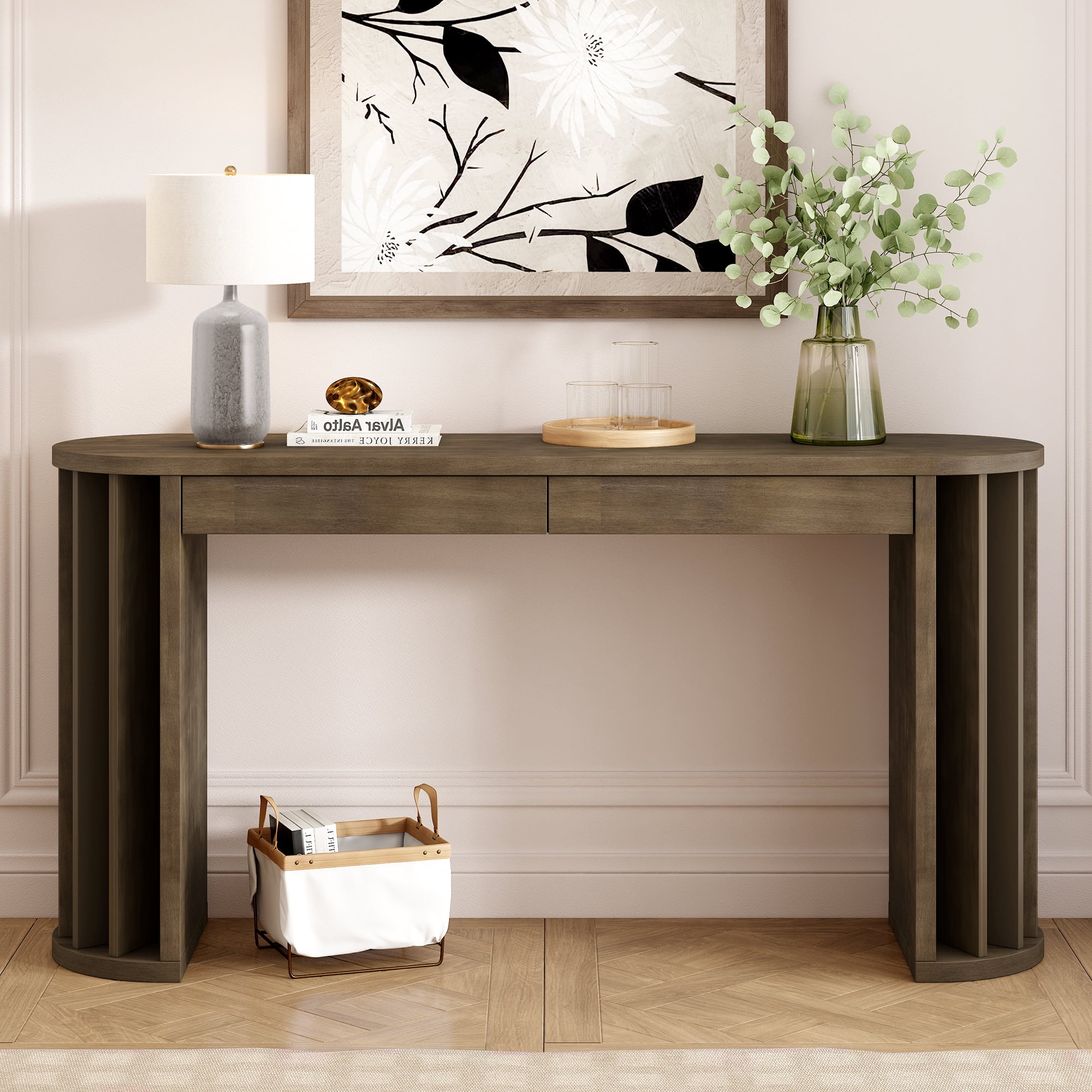 Euroco 59" Long Console Table with 2 Drawers,Farmhouse Narrow Sofa Table Entryway Table with Curved and Straight Line for Entrance,Living Room,Hallway,Natural