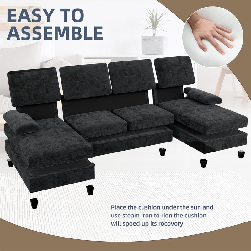 Walsunny Modern U-Shaped Sectional Sleeper Sofa with 4 Deep Seat, Modular Cloud Oversized Sofa Couch with Chenille Fabric & Double Chaise for Apartment, Black
