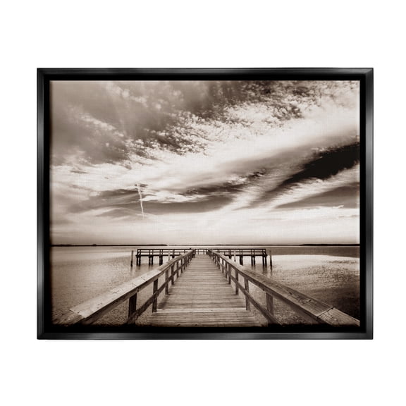 Stupell Industries Dock with Cloudy Sky Landscape Photography Black Floater Framed Canvas Art Print Wall Art, 21 x 17