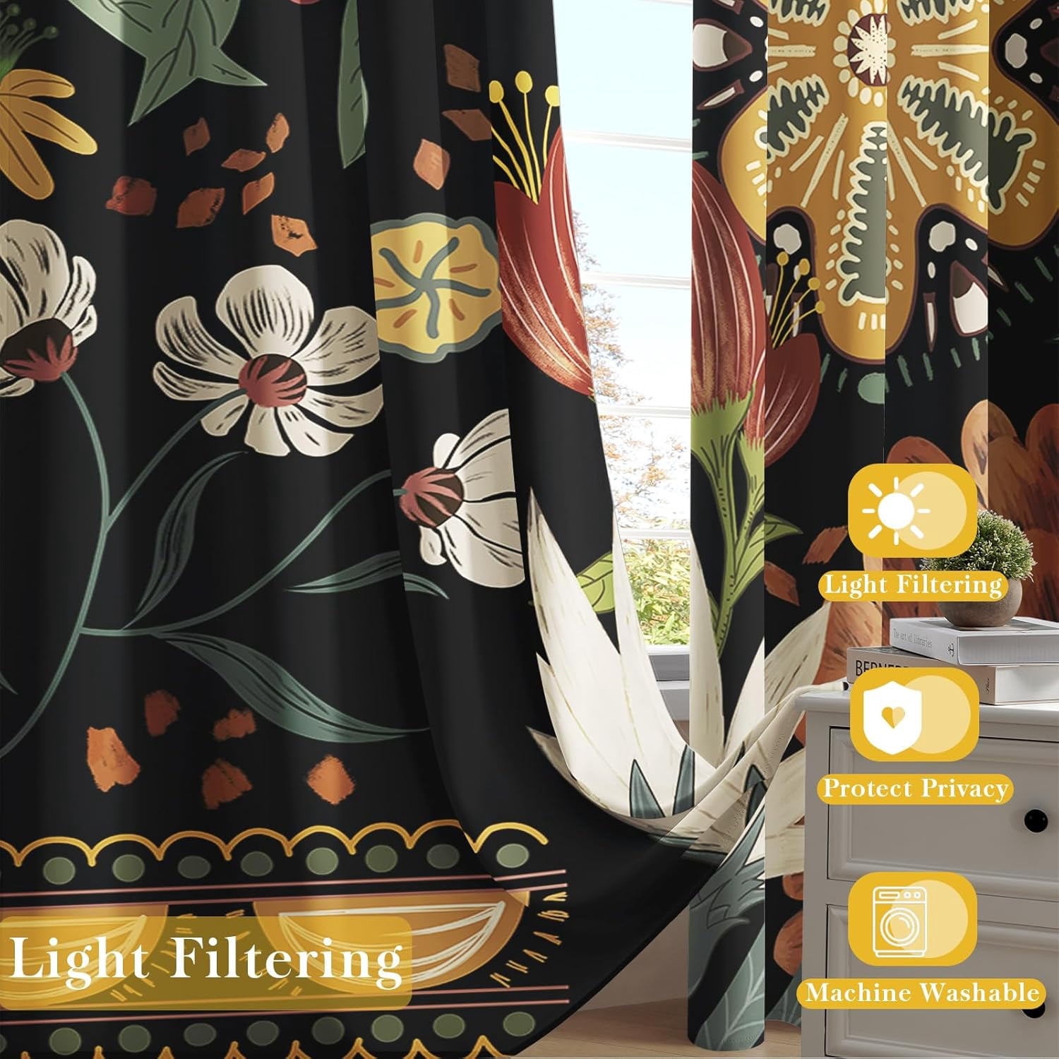 Boho Floral Blackout Curtains for Bedroom Windows, Plant Leaves Print Curtains for Living Room, Black Bohemian Dining Room Curtain Draperies 2 Panel Sets, 52" X 84"
