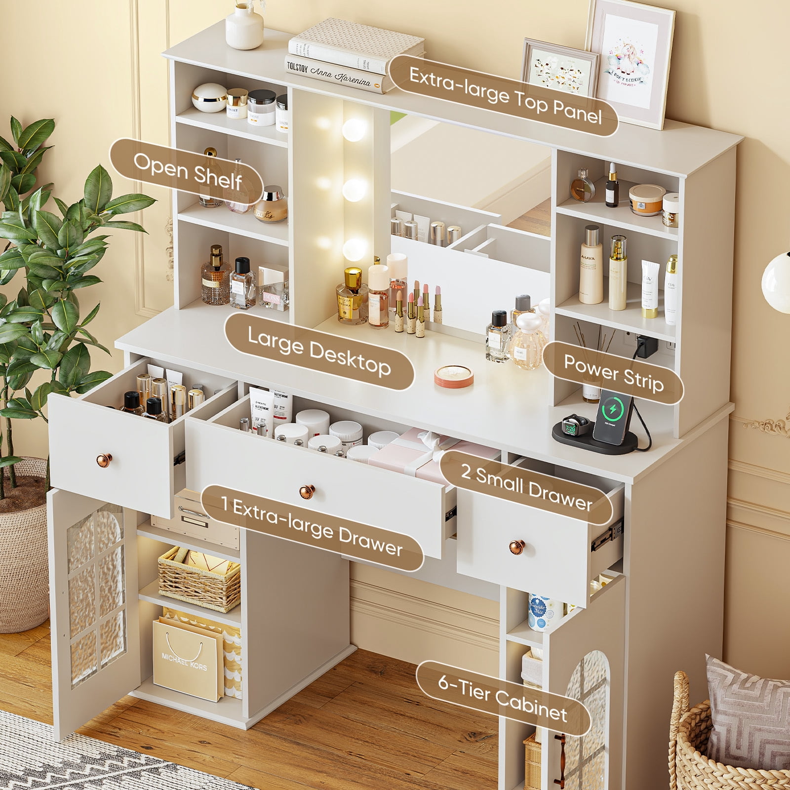 Raffle Pinker 47.2" Vanity Desk with Lighted Mirror and Charging Station, Makeup Vanity with 3 Colors Arched Window Cabinet, 8 Shelves, 3 Drawers, White Vanity Table Dressing Table for Bedroom