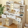 thumbnail image 5 of Raffle Pinker 47.2" Vanity Desk with Lighted Mirror and Charging Station, Makeup Vanity with 3 Colors Arched Window Cabinet, 8 Shelves, 3 Drawers, White Vanity Table Dressing Table for Bedroom, 5 of 12