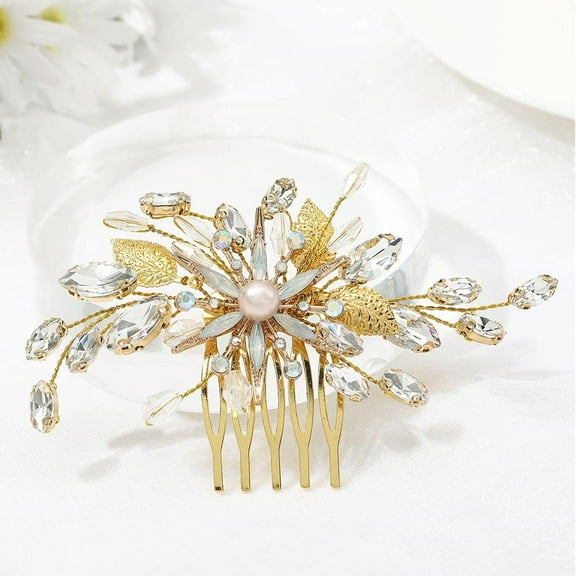 Pearl Flower Bride Wedding Hair Comb Gold Rhinestone Bridal Hair Pieces Leaf Wedding Headpiece Hair Dress Crystal Hair Accessories for Brides and Bridesmaids