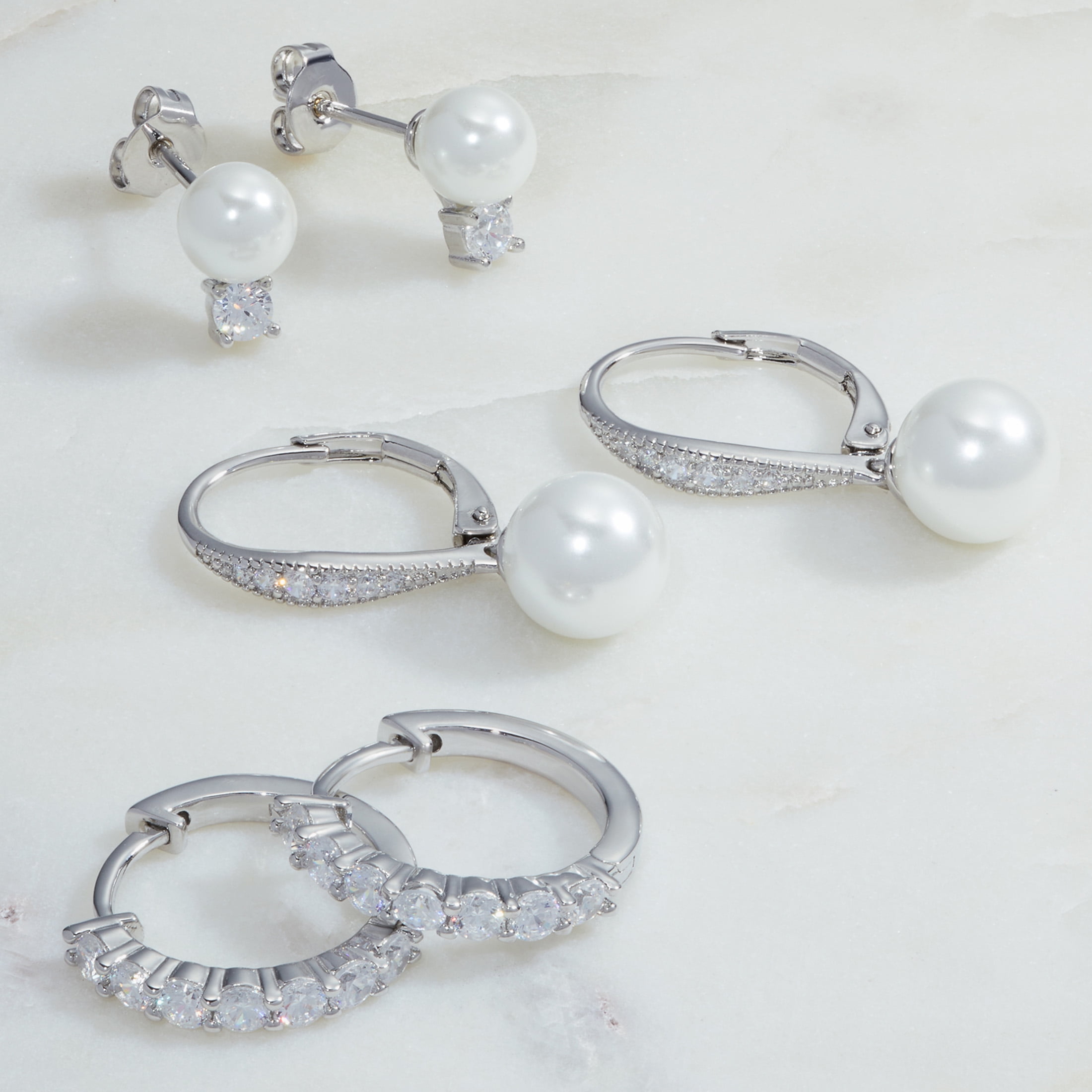 Believe by Brilliance Women's Fine Silver Plated Simulated Pearl and CZ Earring Set