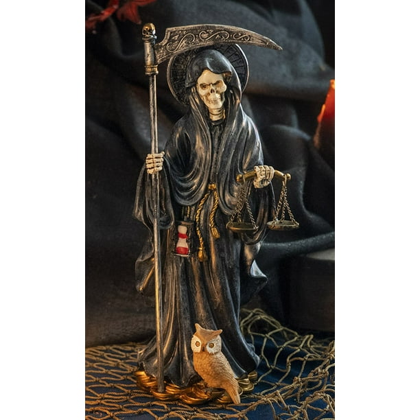 Standing Black Santa Muerte With Scythe Scales of Justice And Wise Owl ...