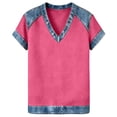 thumbnail image 4 of Women Oversized Tshirt Casual Short Sleeve T Shirt with Denim Collar Loose Fit V Neck Top Everyday Wear Women Tops Hot Pink XXXL, 4 of 4