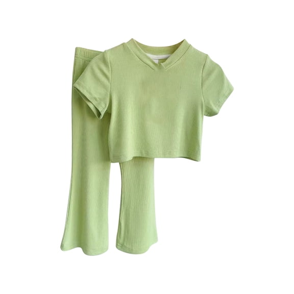 KAUOD Girls 2 Piece Soft Tops Pants Sets Short Sleeve V Neck Stretchy T Shirts wide Leg Straight Long Pants Summer Outfits
