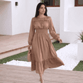 thumbnail image 3 of Women Solid Polyester Midi Dresses, Elegant Ruffle Crew Neck Smocked Waist Flowy Tiered Long Dress, 3 of 5