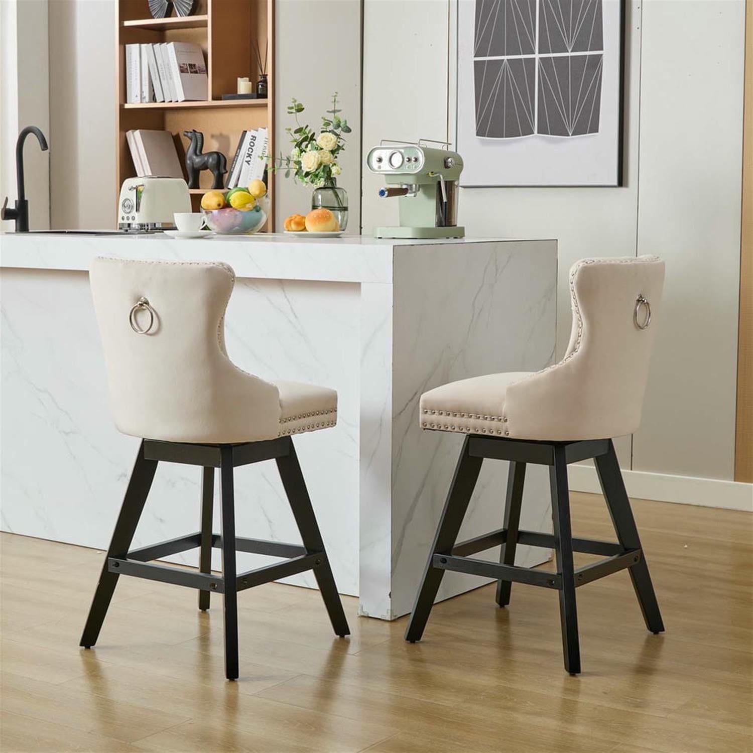 Demi Bonn 38" Counter Height Bar Stools Set of 2, Velvet Swivel Barstools with Button Tufted Back, Kitchen Island Countertop Chairs for Dining Room, Beige