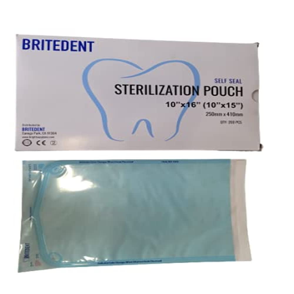 BRITEDENT Self Sealing Sterilization Pouches 10”in x 16”in 800 Easy Open Autoclave Sterilizer Bags for Dental and Medical Tools Triple Check Technology to Confirm Sterilization