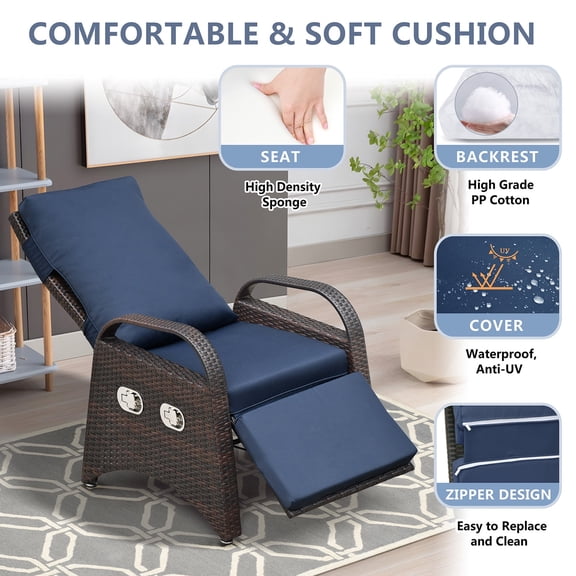 ATR ART to REAL Patio Swivel Recliner Chair,Outdoor Rocker Recliner with Foot Rest,Navy Blue