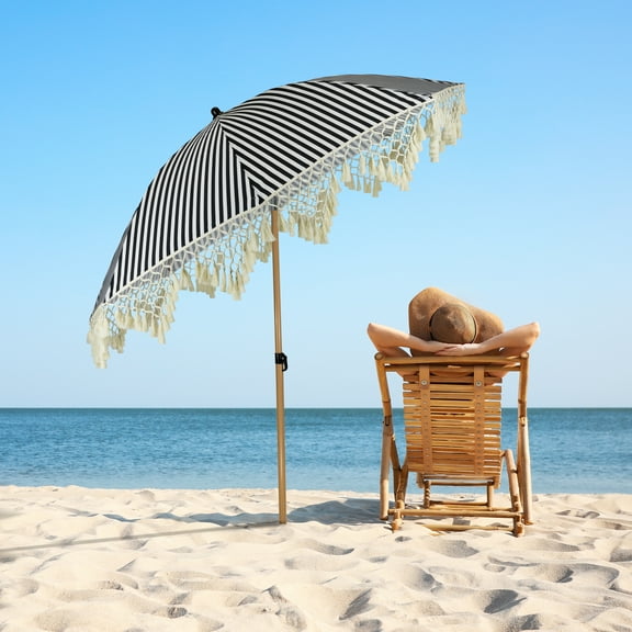 Northlight Striped Outdoor Macrame Boho Beach Market Umbrella with Tilt- 6.5' - Black and White