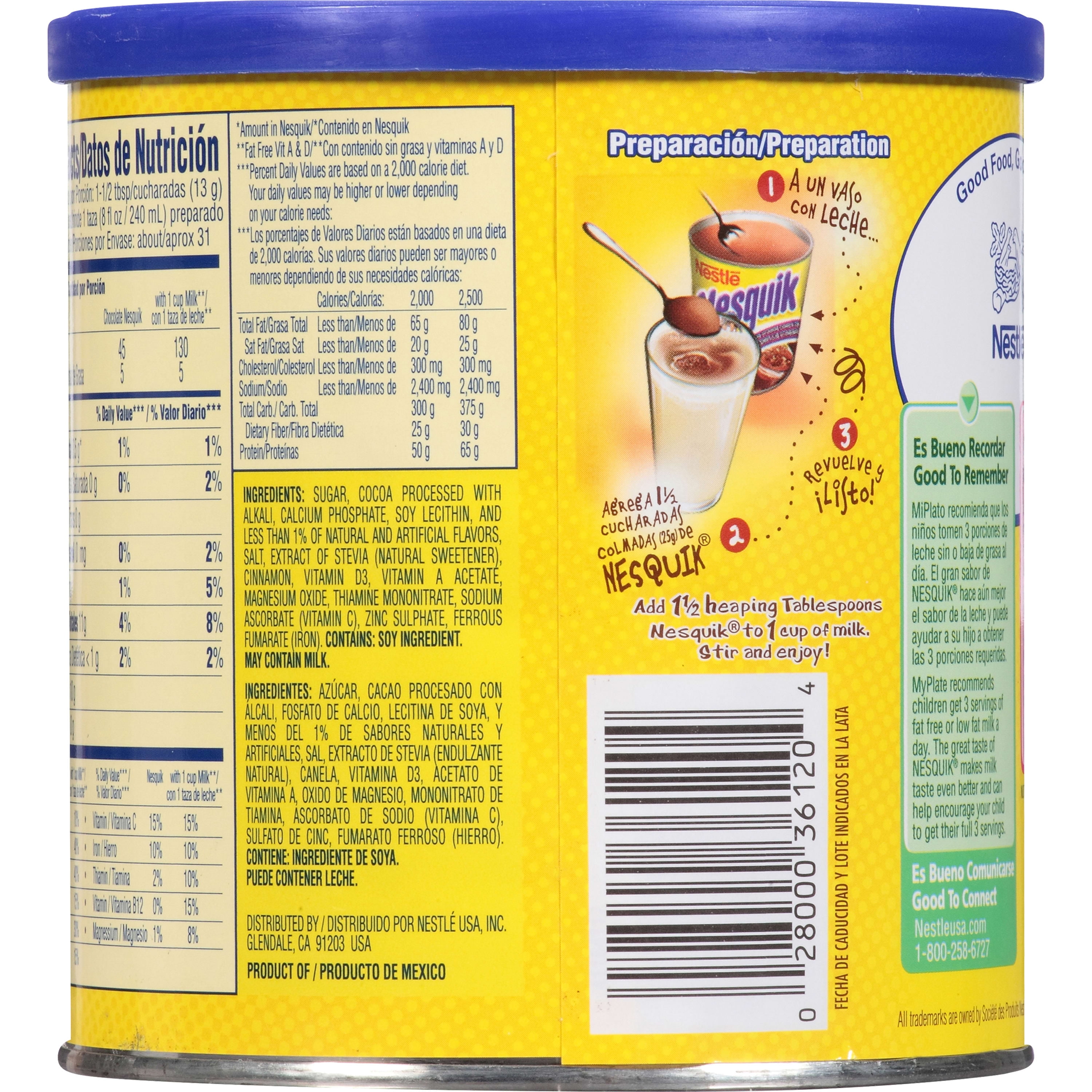 Nestle Nesquik Chocolate Flavor Instant Stir In Powder Mix, 14.1 oz Canister, 31 Servings