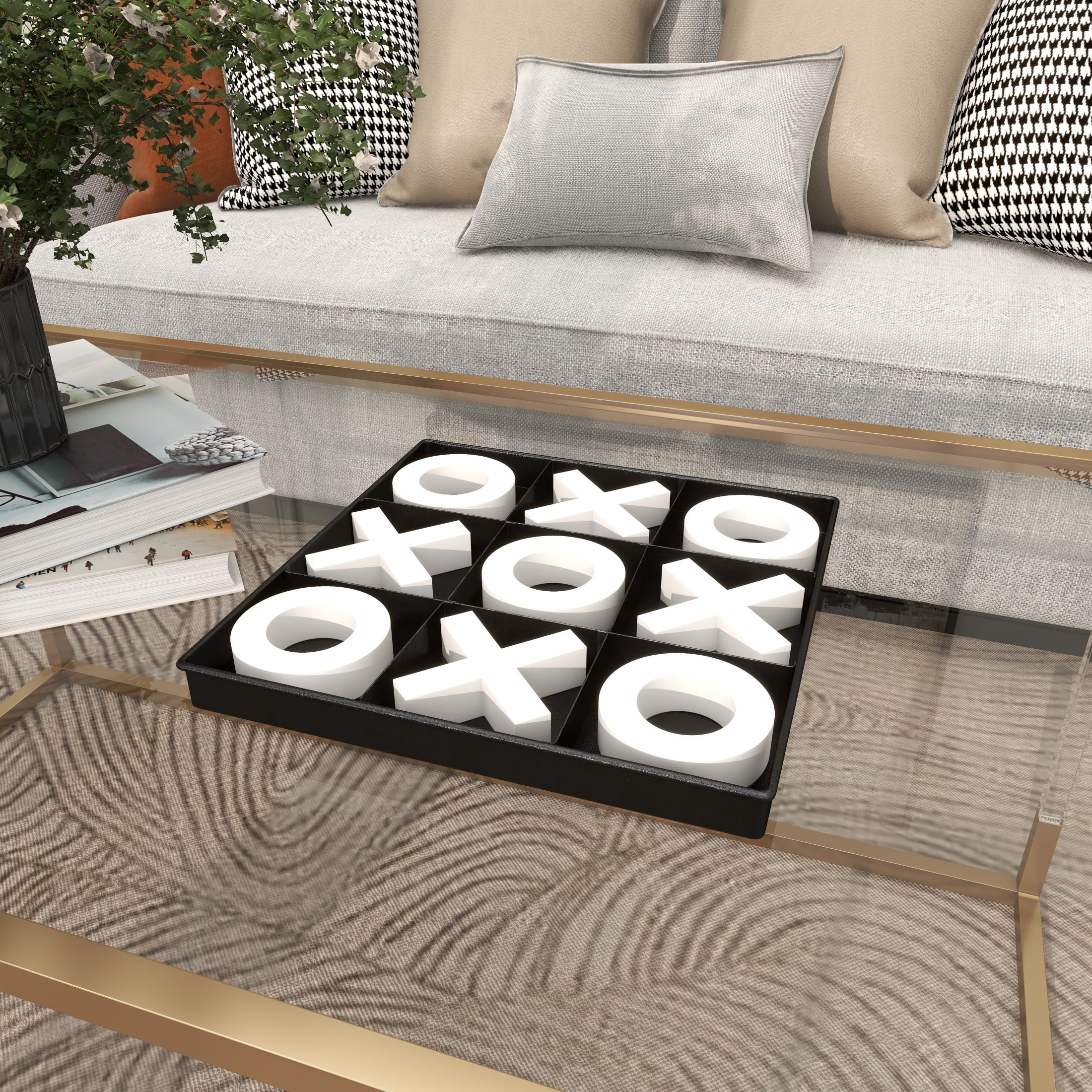 DecMode 12" x 1" Black Wood Tic Tac Toe Game Set with White Pieces, 1-Piece