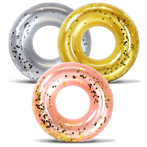 Mozlly Silver, Gold, and Rose Gold Inflatable Pool Floats Tube Set of 3 - Premium Fun Confetti Swim Rings Toys, Adult and Kids Pool Float Water Tubes for River, Beach, Pool Party Decorations - 36 inch