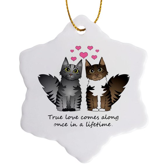 3drose, Cute Maine Coon Cats - True Love Comes Along Once in a Lifetime - Silver and Brown Tabby White, 3 inch Snowflake Porcelain Ornament