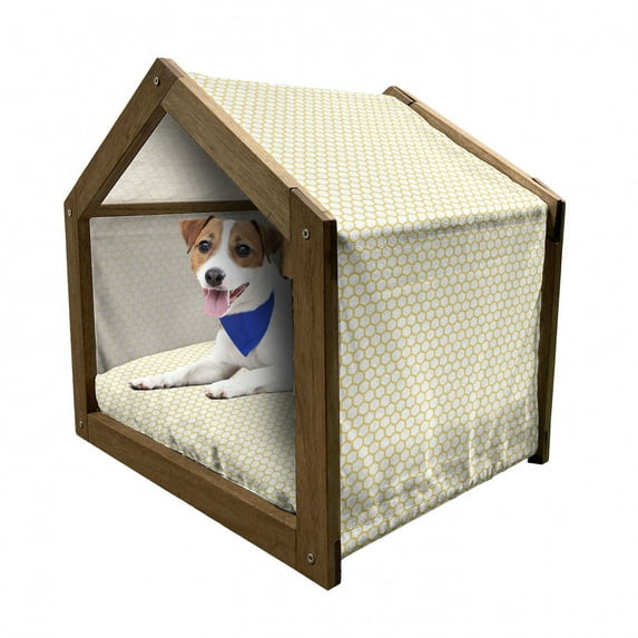 Yellow and White Pet House, Hexagonal Pattern Honeycomb Beehive Simplistic Geometrical Monochrome, Outdoor & Indoor Portable Dog Kennel with Pillow and Cover, 5 Sizes, Yellow White, by Ambesonne