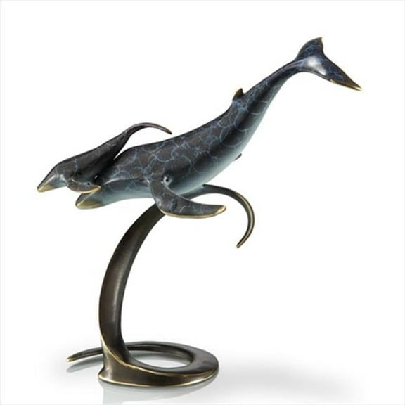 SPI Whale Pair on Wave Brass Statue