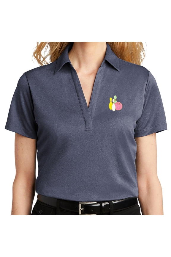 Women's Pastel Bowling Pins No Button Polo Shirt, Large Navy Heather