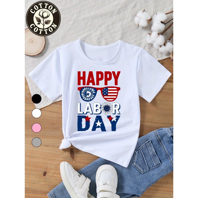Kids' Cotton Labor T-Shirt - Patriotic American Flag & Fireworks Print, Regular Fit Round Neck, All-Season Casual Wear for Boys & Girls, Cute T Shirts, School Event Clothing, Playful Design