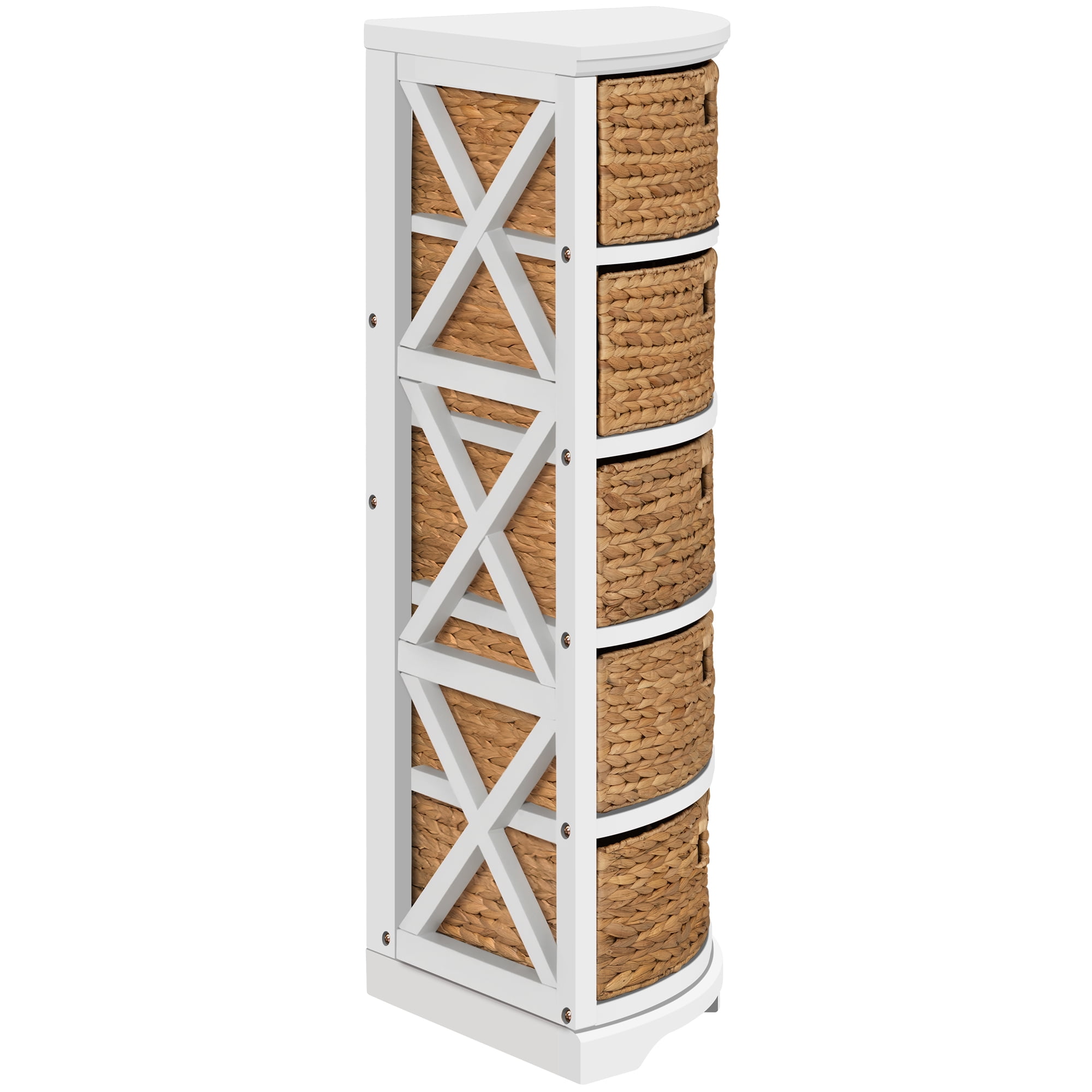 eHemco Hampton Meadows 5 Tier X-Side Corner Storage Cabinet with 5 Wicker Baskets, White