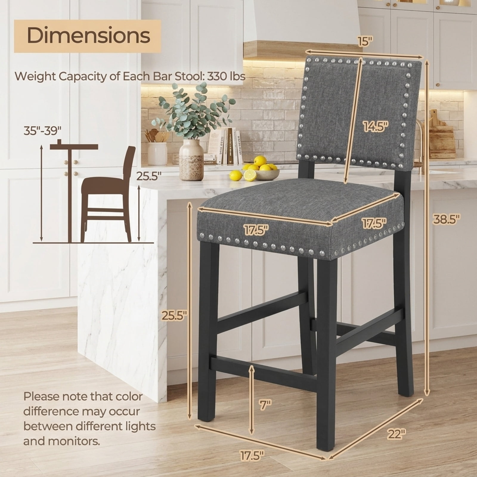 Furnibear 38.5/43.5 Inch Set of 2 Counter Height Chairs with Solid Rubber Wood Frame-S for Kitchen Dining Room Living Room Home, Gray
