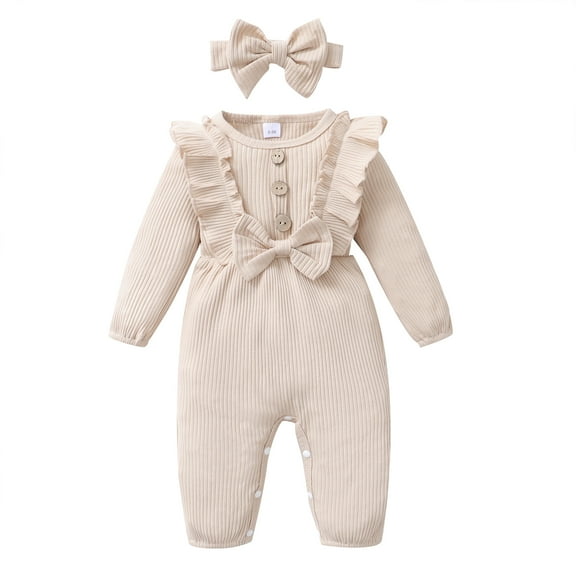 Toddler Baby Girls Clothes Baby Girls One-piece Romper Bodysuit 12-18 Months Baby Girls Long Sleeve Round Neckline Romper Headband 2PCS Set Apricot