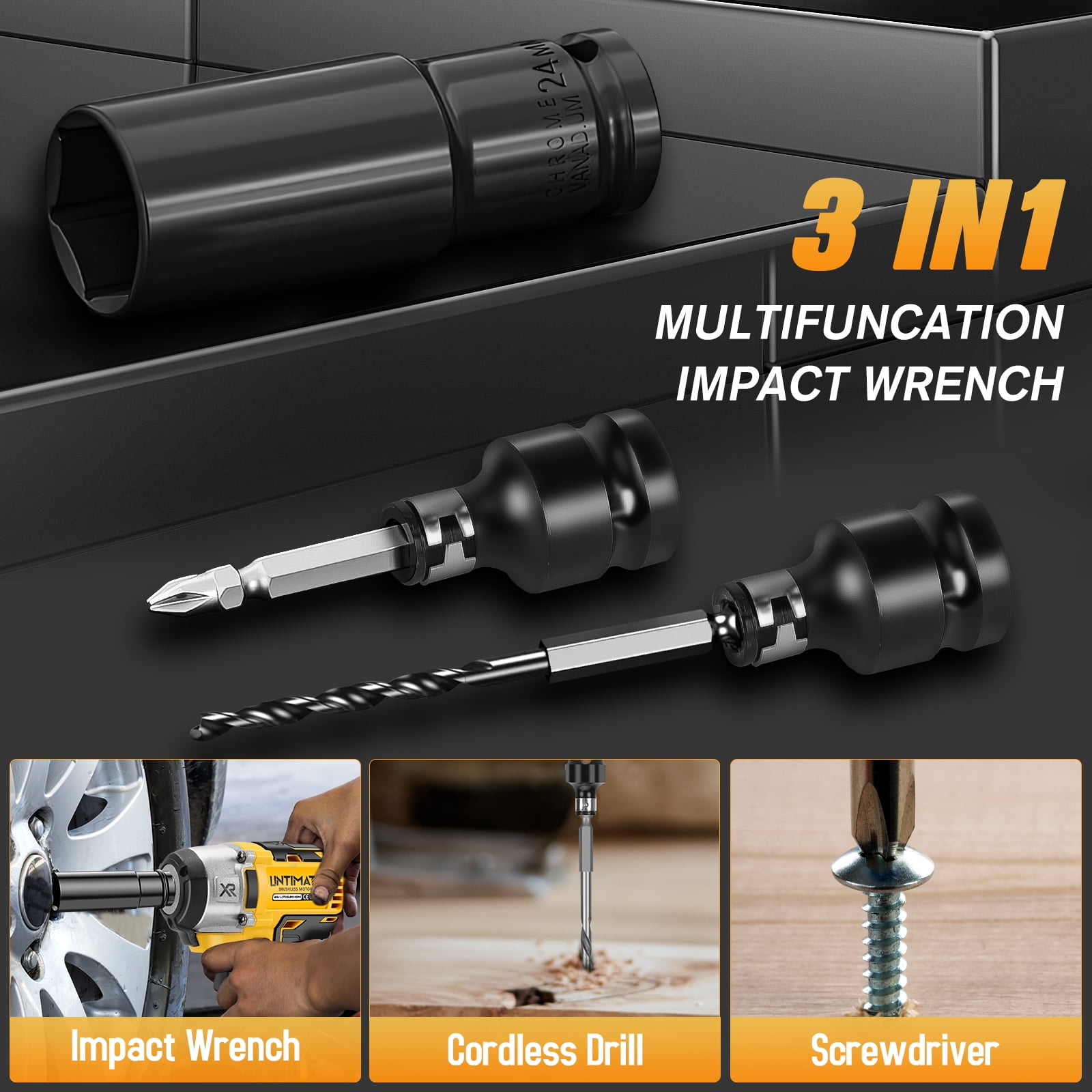 UNTIMATY Power Cordless Impact Wrench 1/2", 20V Impact Brushless Motor with 2 x 3.0A Batteries, 2-Mode Speed & Max Torque 280 ft lbs (380N.m), Impact Drill Tool Set with 5 Sockets,8 Drill,8 Screws