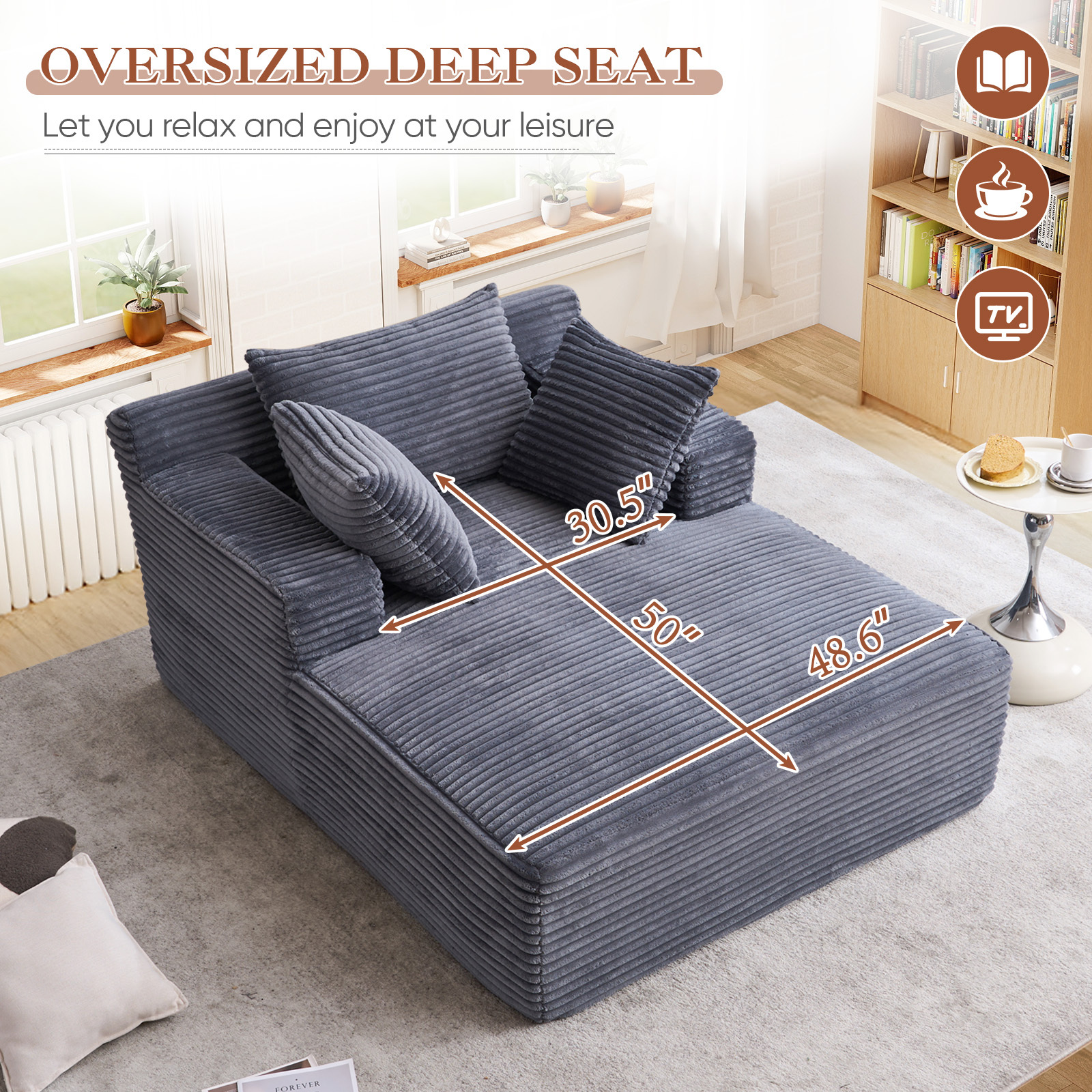 Lunale Chaise Lounge Indoor, Oversized Upholstered Lounge Chair, Plush Sleeper Sofa Bed, No Assembly Required, Gray Corduroy