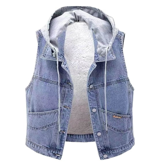 Patlollav Womens Coats,Ladies Denim Vest Pockets Lamb Hair Plush and Thick Patch Sleeveless Tops