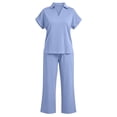 thumbnail image 4 of VBVC Women's Collared V-Neck 2 Piece Lounge Set, Casual Summer Tracksuit Outfit with Drawstring Wide Leg Pants and Pockets,Blue,S-2XL, 4 of 4