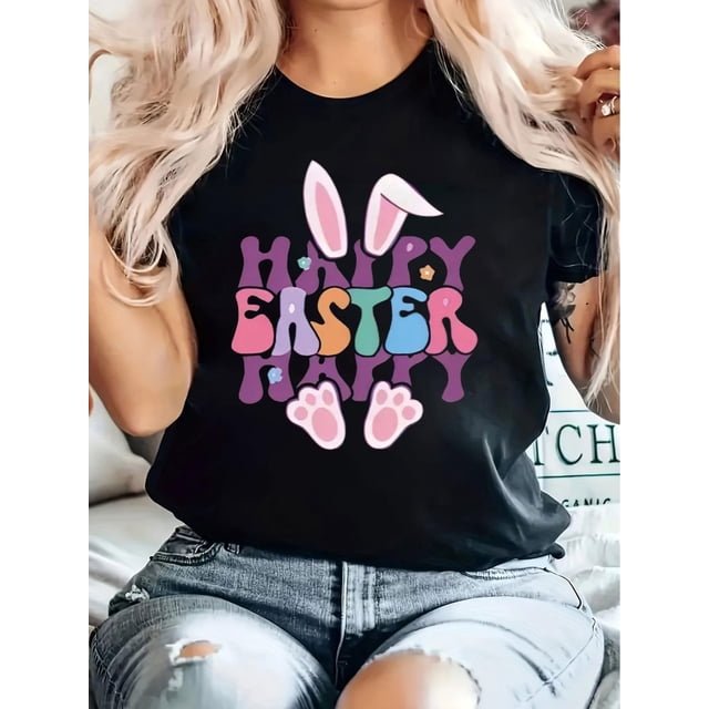 T-Shirt Imprimé Lapin de Pâques pour Femmes - Col Rond Violet, Manches Courtes Décontractées, Tee-Shirt Graphique pour Printemps & Été, Style Décontracté Fête des Pères, Fête des Mères, Nouvel An, Festival de Printemps, Saint-Valentin