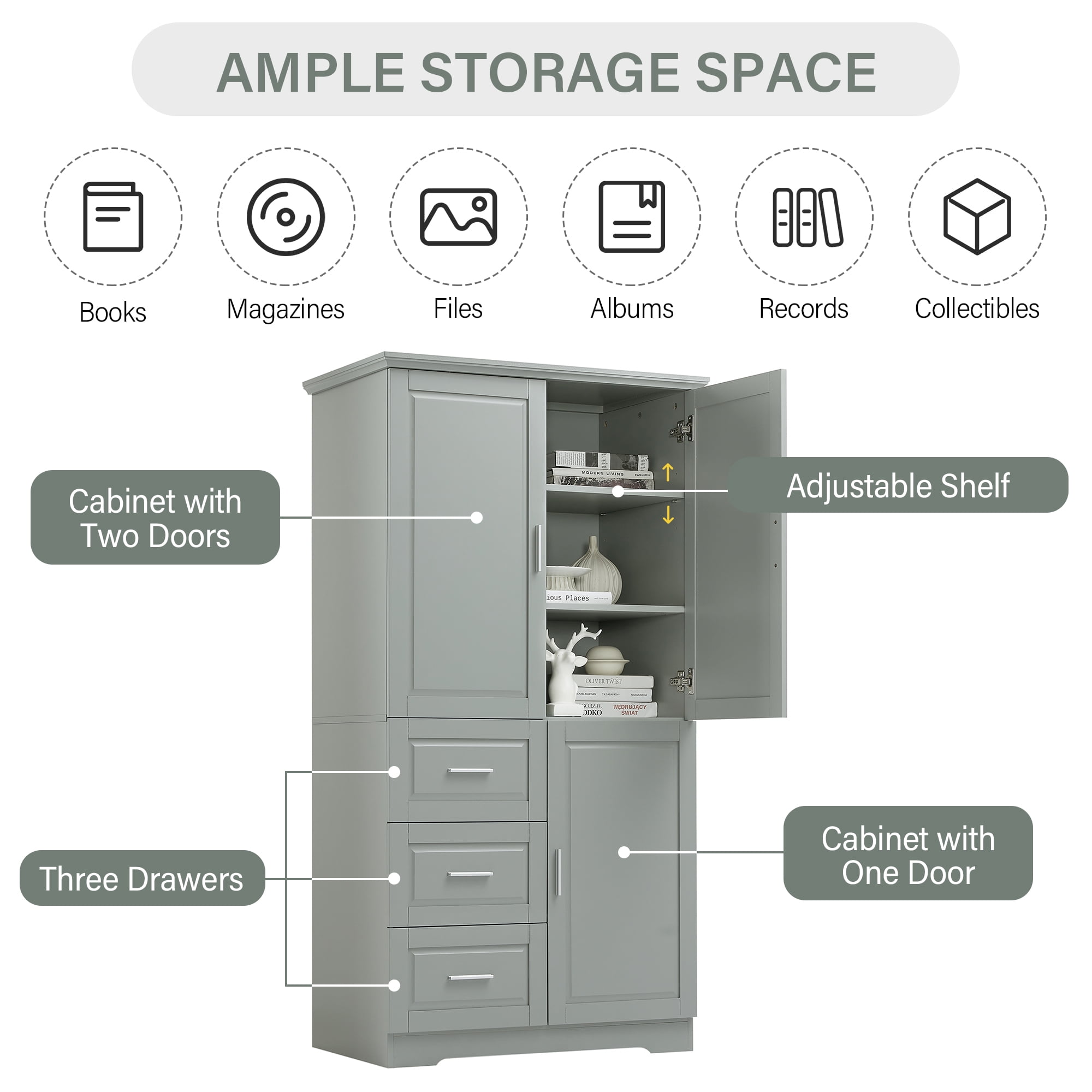 Euroco Tall Freestanding Storage Cabinet with 3 Drawers and Adjustable Shelf, Wide Linen Tower Cabinet with Doors, Waterproof Painted MDF, Anti-Tipping Kit
