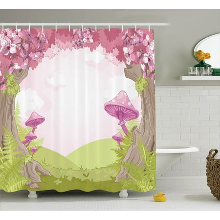 Mushroom Lane - Mushroom Decor Shower Curtain Set, Cherry Blossom Trees In Fairytale Land Forest Surreal Fantasy Wonderland Image, Bathroom Accessories, 69W X 70L Inches, By Ambesonne