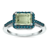 SZUL Women's 2 1/2 Carat Emerald Cut Green Amethyst and 1/3 CTW Blue Diamond Ring in 10K White Gold