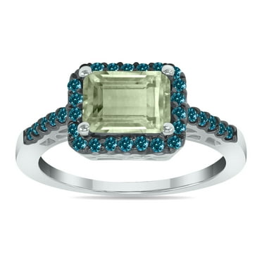 SZUL Women's 2 1/2 Carat Emerald Cut Green Amethyst and 1/3 CTW Blue Diamond Ring in 10K White Gold